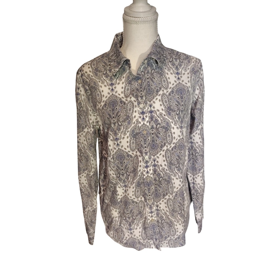 Talbots Blue White Paisley Wrinkle Resistant Button Down Shirt Womens 10